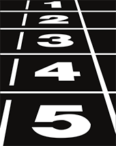 white starting numbers 1 through 5 on a black running track