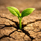 tender green sprout coming out of dry cracked earth