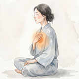 person with hand over chest and soft glow coming from the heart
