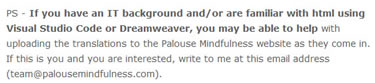 photo of PS that Ali saw.  In summary, it says: If you have an IT background and/or are familiar with html, you may be able to help.