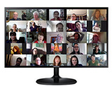 computer monitor with 25 people on video call
