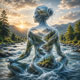 transparent woman with the river and landscape reflected in her body