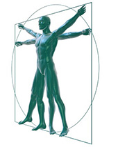 Modelo de pessoa esticando braços e pernas com círculo e quadrado de energia
